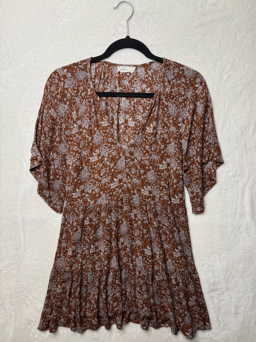 Millibon - Brown Boho Floral Mini Babydoll Dress Cottage-core Summer Dress